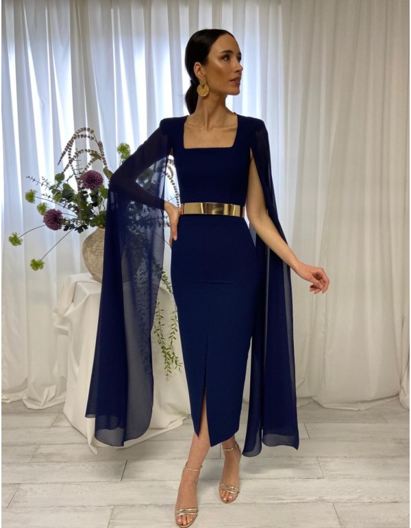 Robe de soirée midi unie avec manches cape en mousseline...