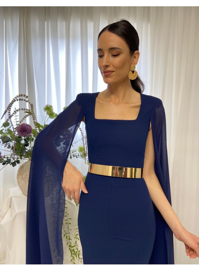 Plain midi party dress with chiffon cape sleeves