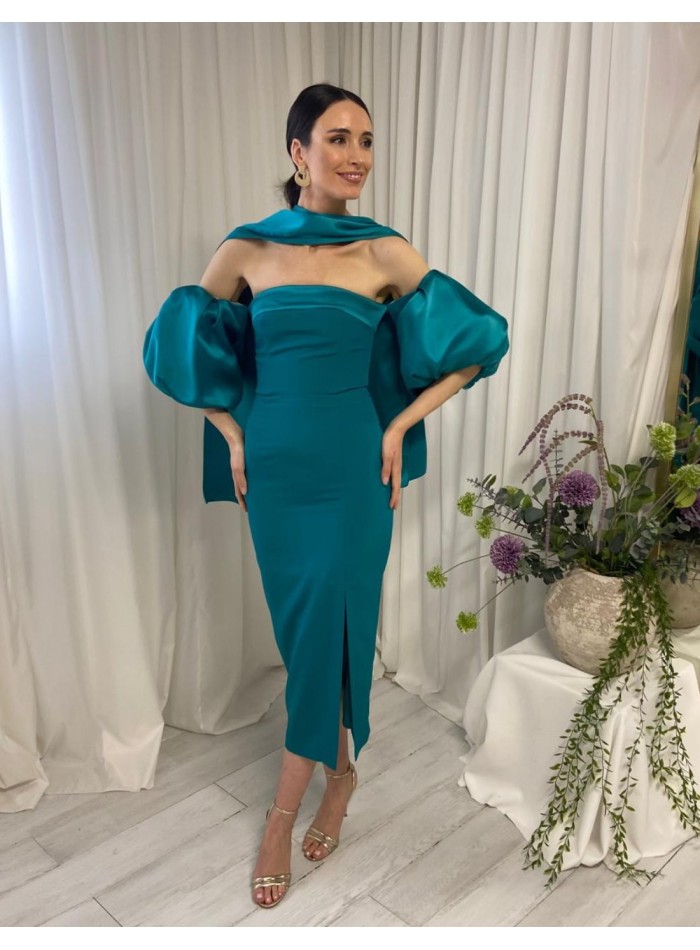 Robe de soirée midi sans bretelles avec manches...