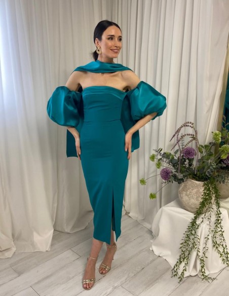 Strapless midi ball gown with balloon sleeves