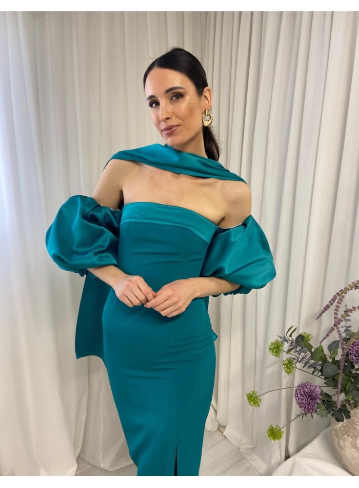 Strapless midi ball gown with balloon sleeves