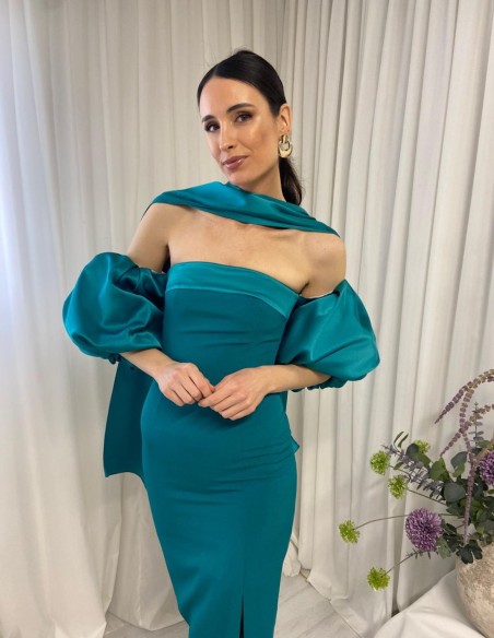 Strapless midi ball gown with balloon sleeves