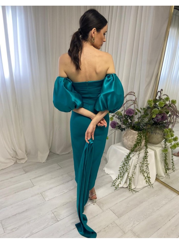 Strapless midi ball gown with balloon sleeves