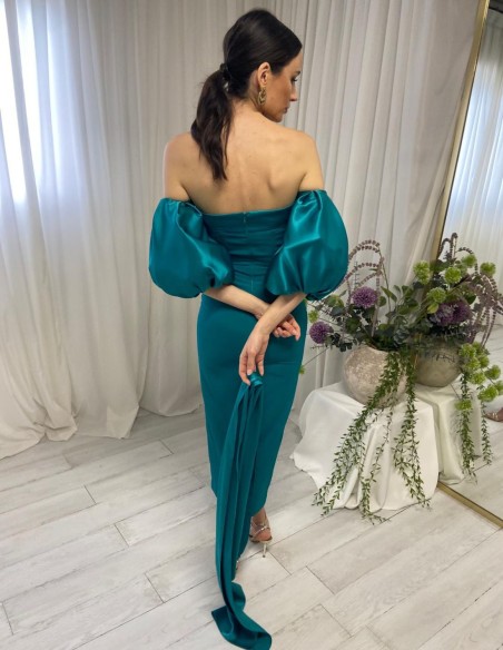 Strapless midi ball gown with balloon sleeves