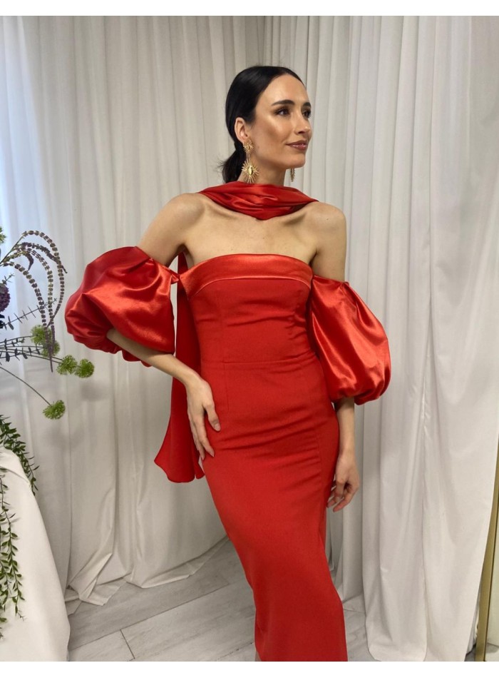 Strapless midi ball gown with balloon sleeves