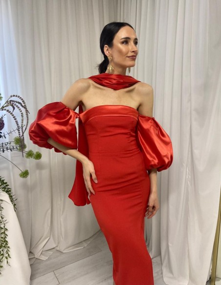 Strapless midi ball gown with balloon sleeves
