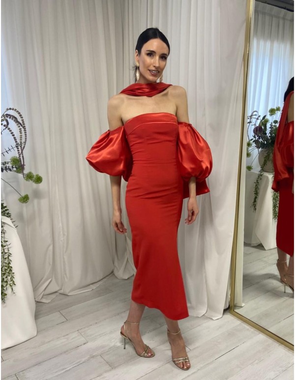 Strapless midi ball gown with balloon sleeves