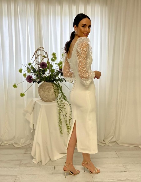 Vestido midi blanco con manga larga de encaje fantasía