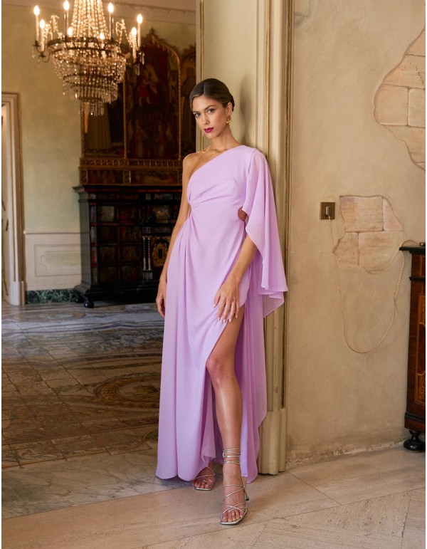Long party dress with asymmetric neckline and bat sleeves
