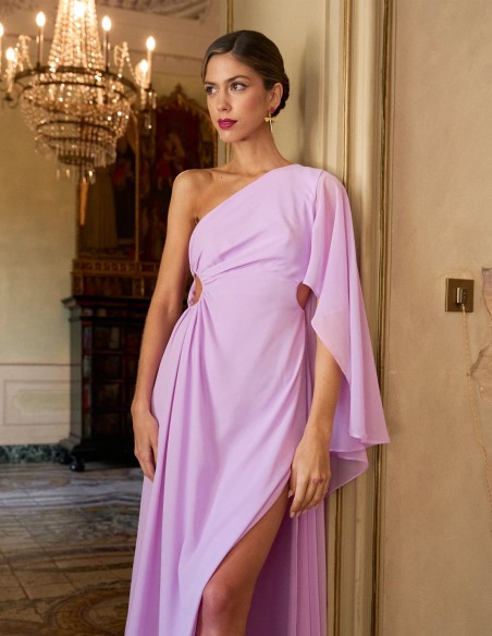 Long party dress with asymmetric neckline and bat sleeves for guests