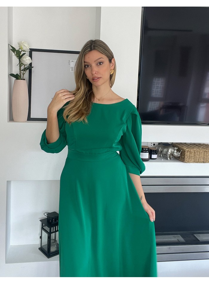 Vestido de fiesta midi con falda vuelo y mangas abullonadas