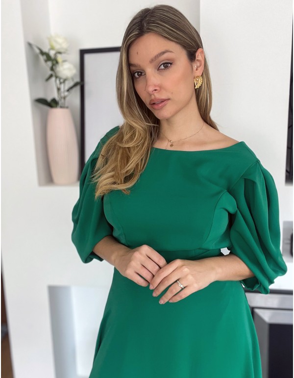 Vestido de fiesta midi con falda vuelo y mangas abullonadas 2