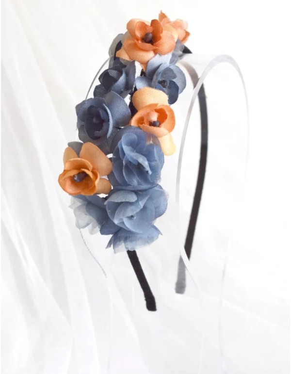 Diadema fina con florecitas azules y naranjas 2