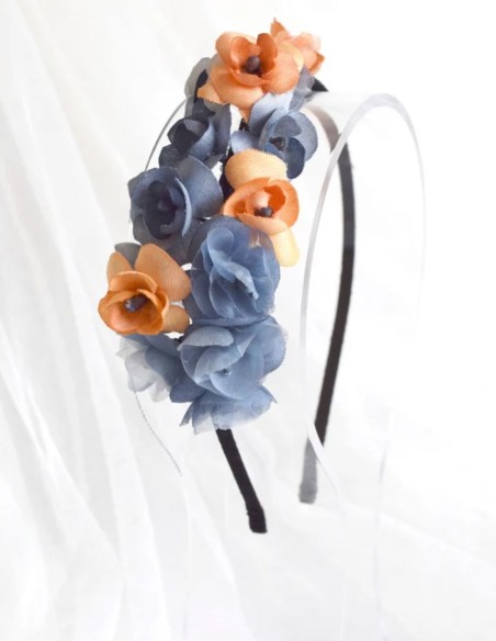 Serre-tête fin avec fleurs bleues et orange