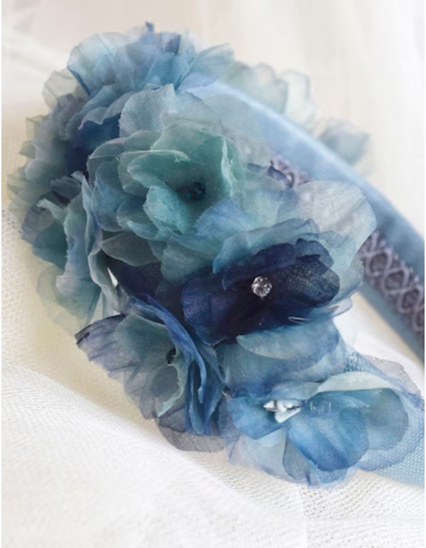 Serre-tête à fleurs en organza bleu et turquoise 2