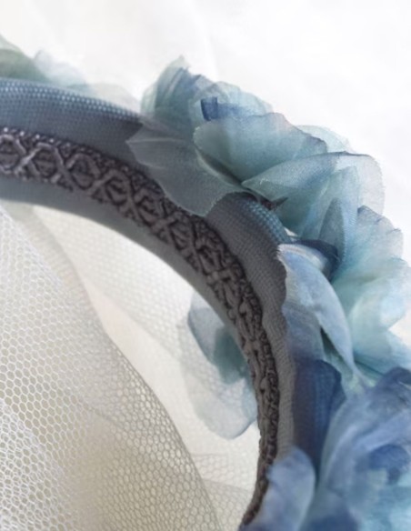Serre-tête à fleurs en organza bleu et turquoise