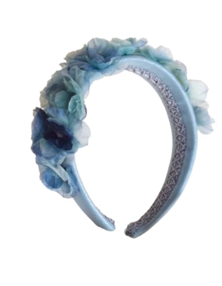 Serre-tête à fleurs en organza bleu et turquoise