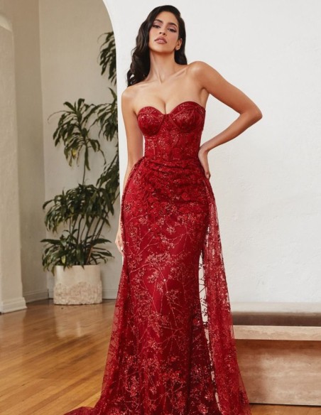 Vestido de fiesta largo con escote corsé palabra de honor y corte sirena