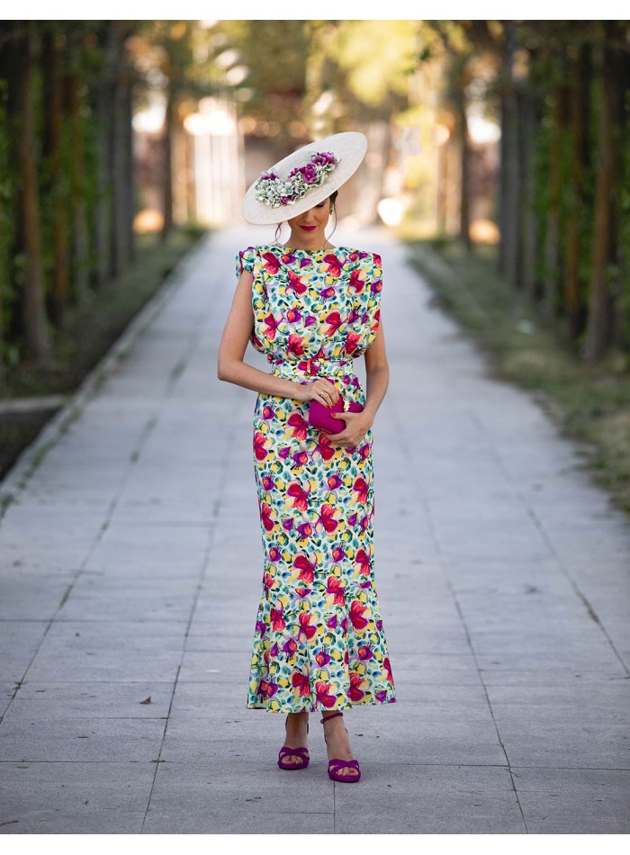 Sleeveless printed midi party dress with ruffle...