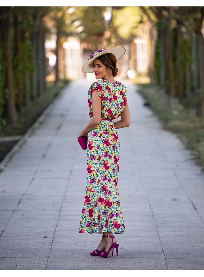 Sleeveless printed midi party dress with ruffle...