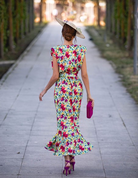 Robe de mariage midi imprimée sans manches avec volants - PERFECT GUEST