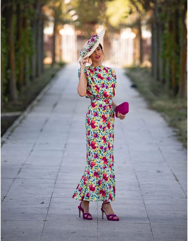Vestido midi de fiesta estampado sin mangas con volante - INVITADA PERFECTA