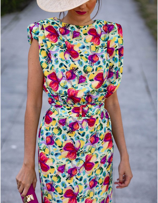 Vestido midi de fiesta estampado sin mangas con volante - INVITADA PERFECTA 2