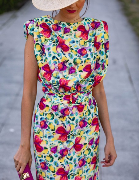 Sleeveless printed midi party dress with ruffle - PERFECT GUEST