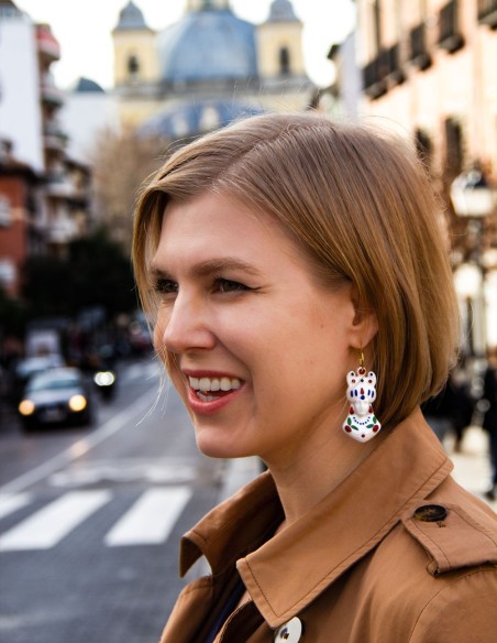 Long earrings made of coloured white ceramic porcelain