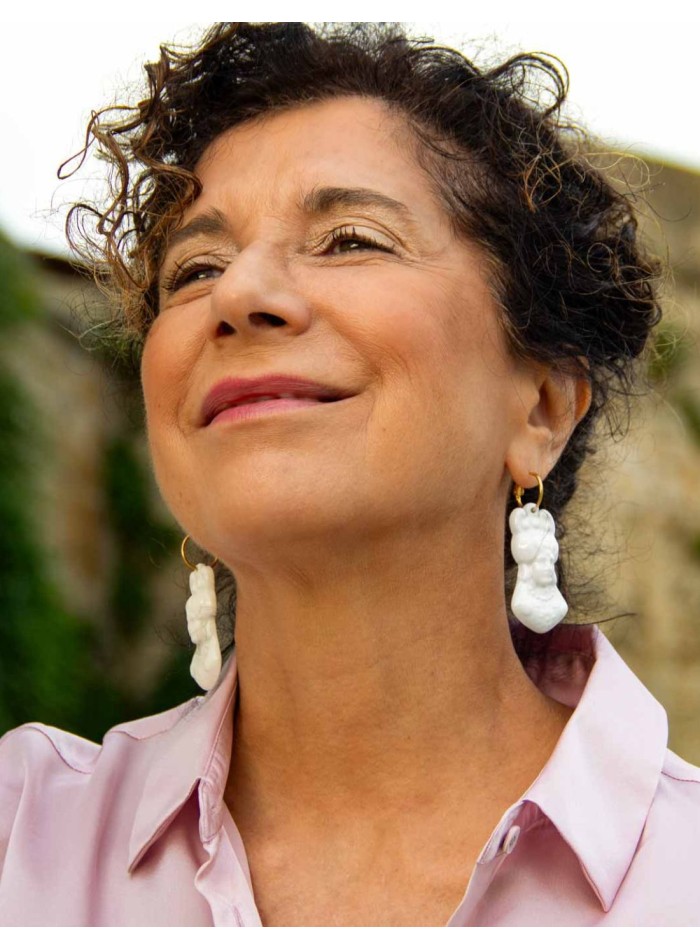 Long white porcelain earrings with 3D texture