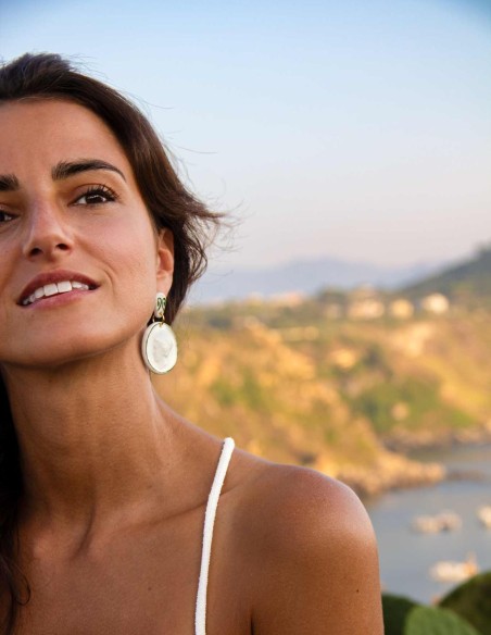 Long earrings with glazed ceramic medallions