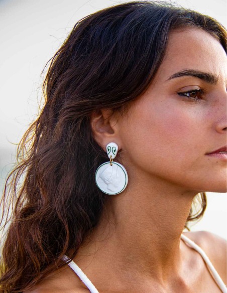 Long earrings with glazed ceramic medallions
