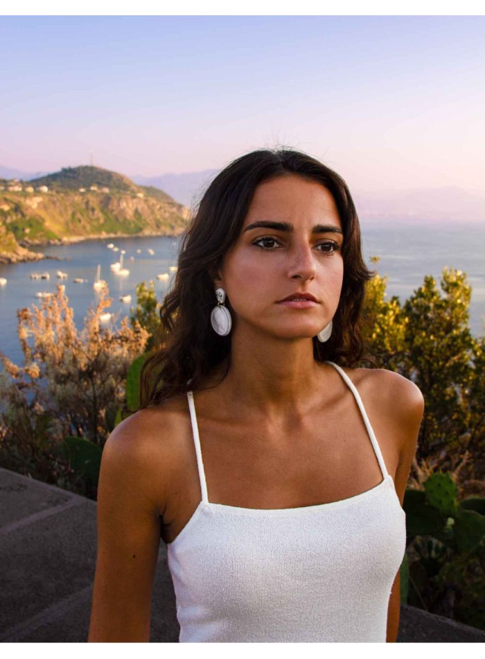 Long earrings with glazed ceramic medallions