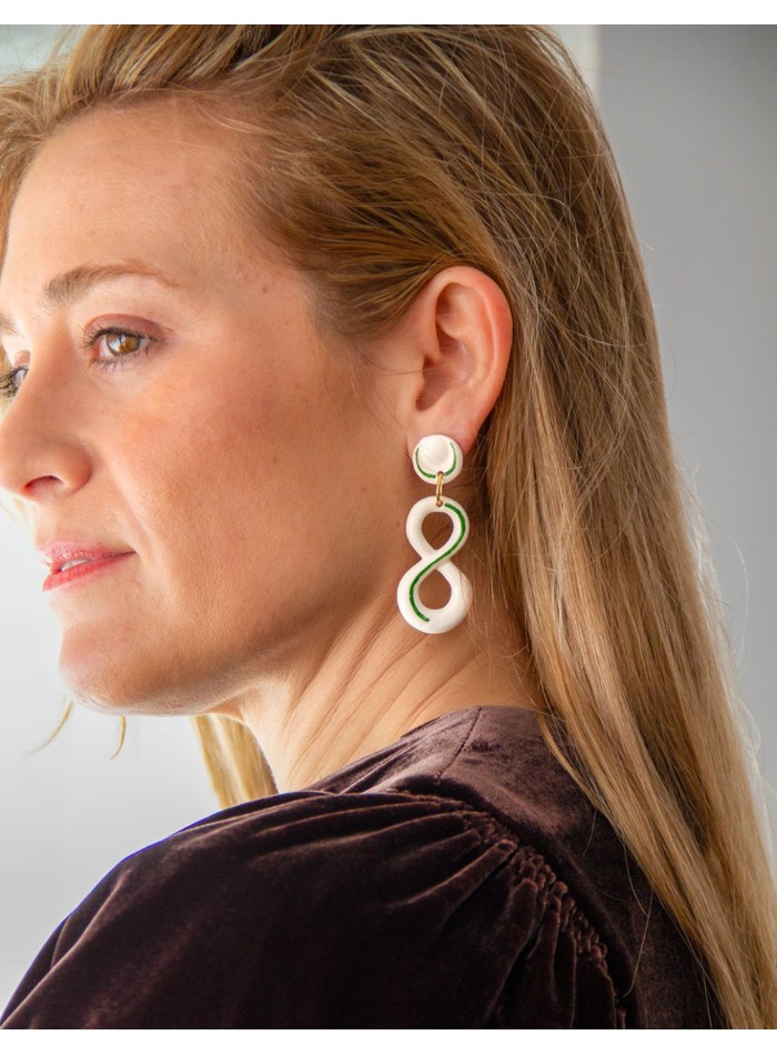Green enamelled ceramic infinity long earrings