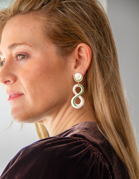 Green enamelled ceramic infinity long earrings