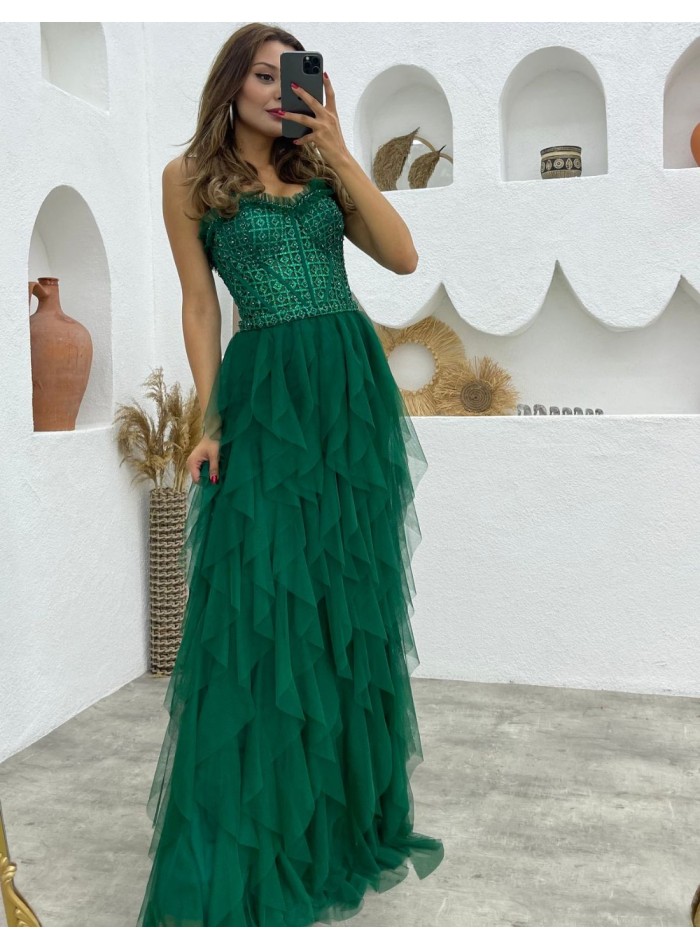 Evening dress with rhinestone corset and tulle ruffle skirt