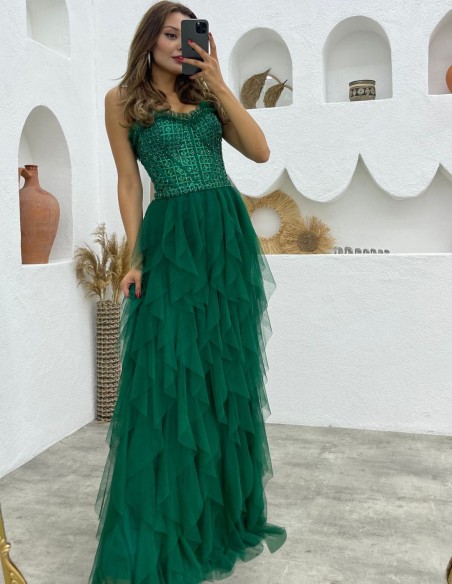 Robe de soirée avec corset en strass et jupe à volants en tulle