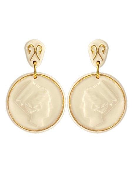Pendientes medalla de porcelana pintada en oro