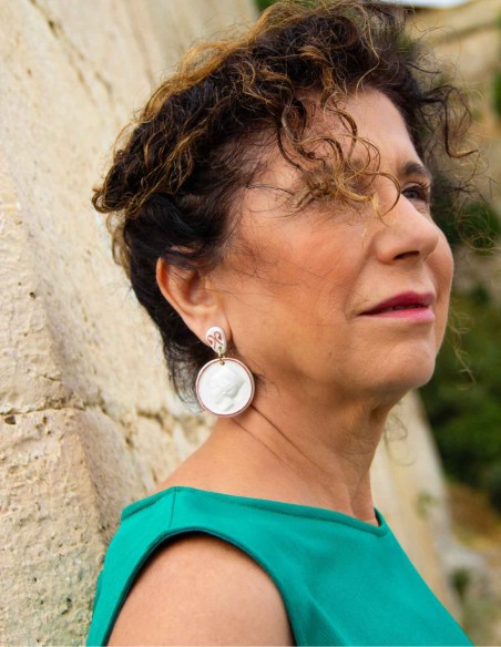 Painted porcelain medal long earrings