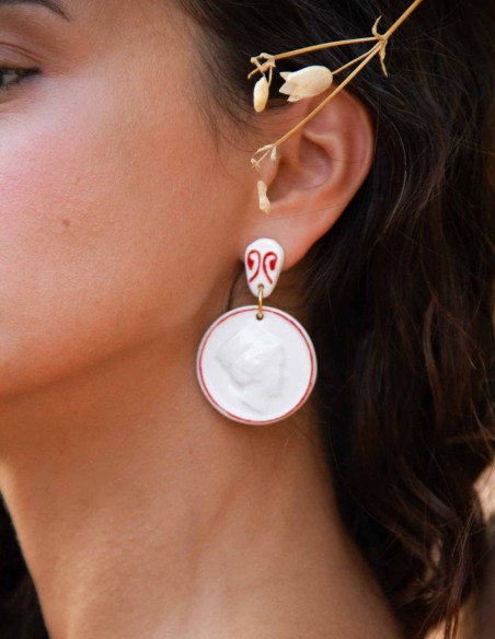 Painted porcelain medal long earrings