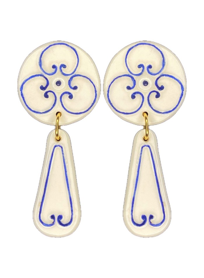 Pendientes largos de porcelana cerámica pintada azul