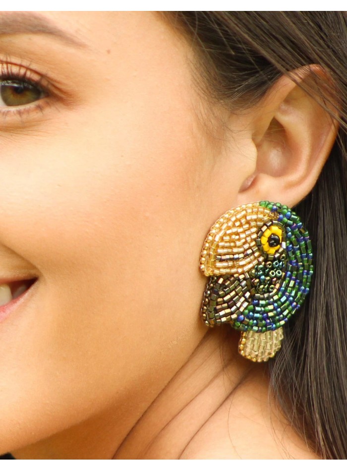 Pendientes de fiesta con cristales multicolor en forma de tucán para invitada