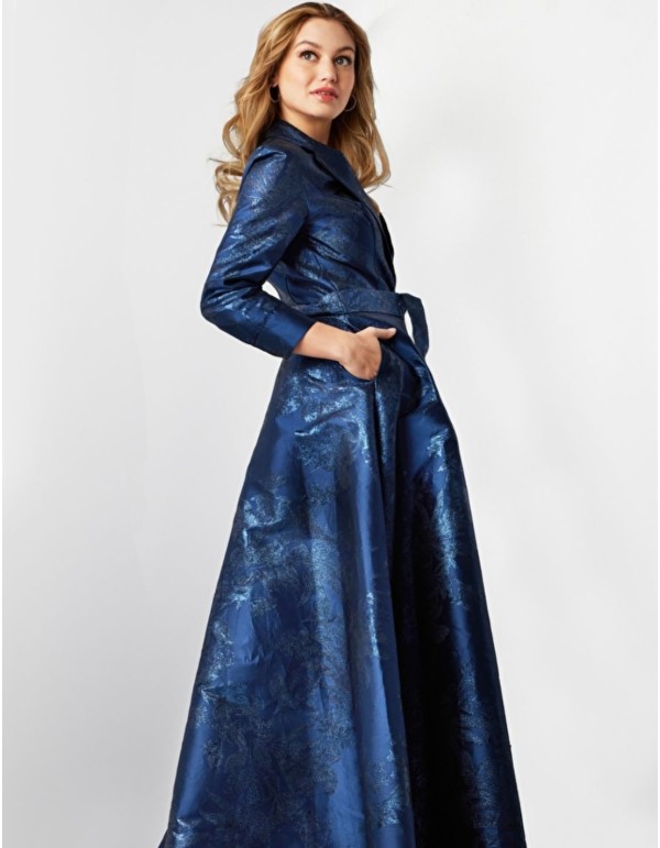 Vestido largo de fiesta brocado con cuerpo smoking con...