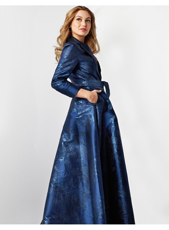 Long brocade party dress with dinner jacket bodice and lapels