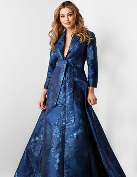 Long brocade party dress with dinner jacket bodice and lapels