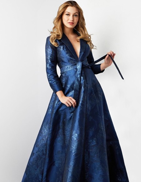 Long brocade party dress with dinner jacket bodice and lapels