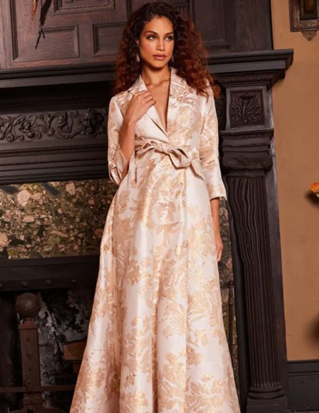 Long brocade party dress with dinner jacket bodice and lapels