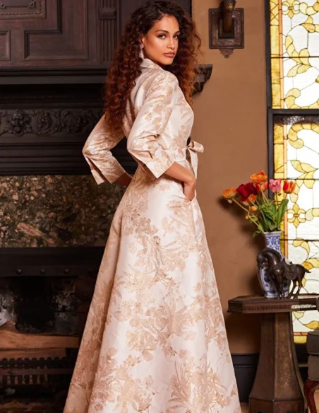 Long brocade party dress with dinner jacket bodice and lapels