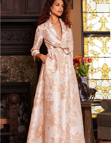 Long brocade party dress with dinner jacket bodice and lapels