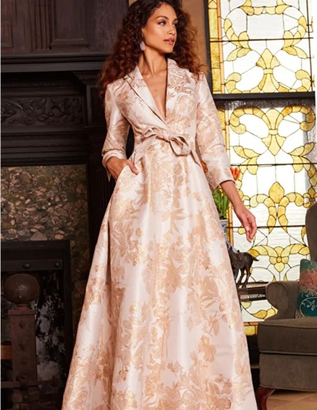 Robe longue de fête en brocart avec corsage et revers de smoking